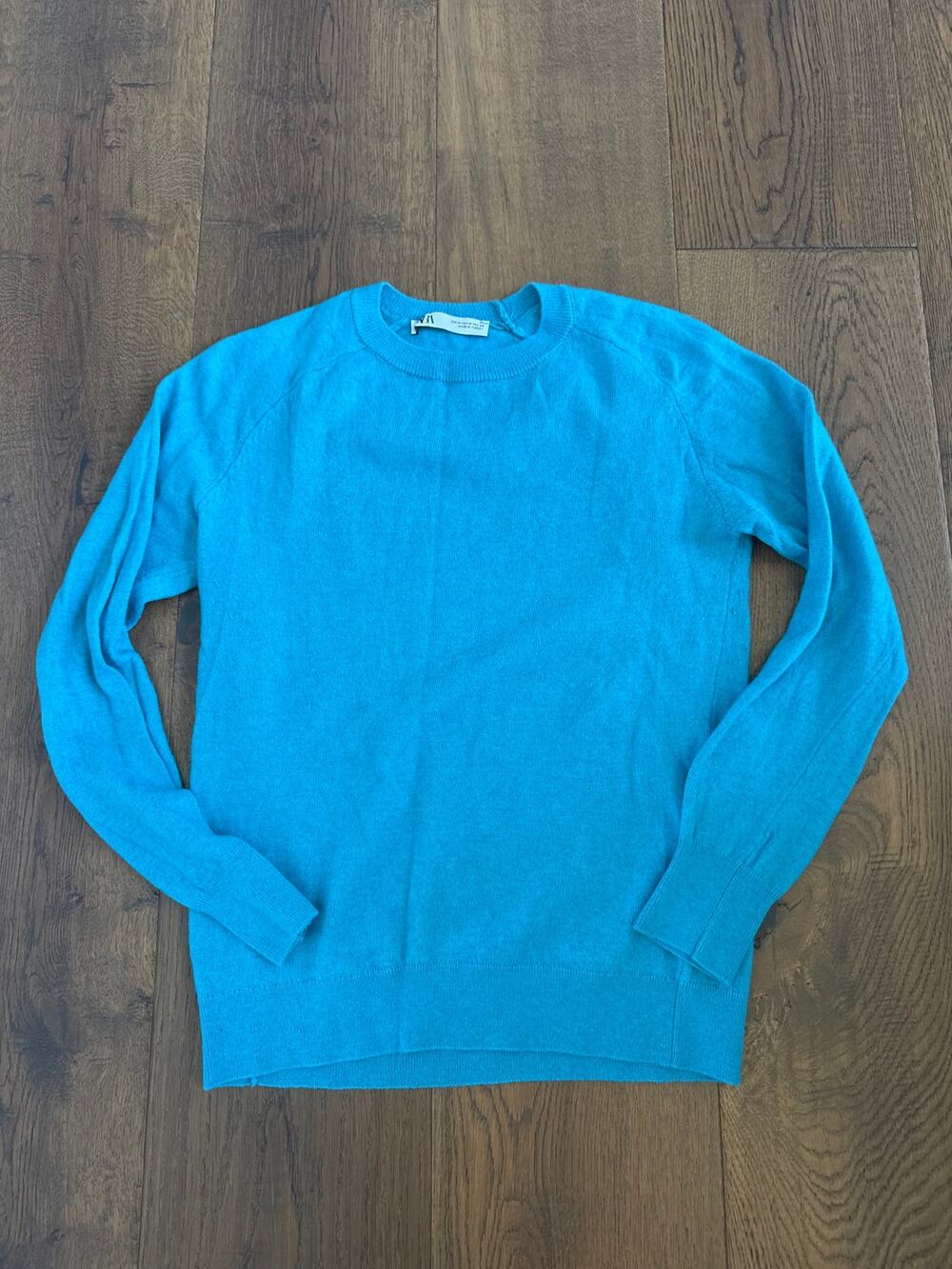 Zara Bright Turquoise Blue Soft Fine Knit Crewneck Sweater Wool Cashmere Blend M